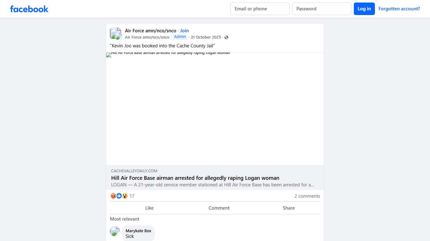 Air Force amn/nco/snco | "Kevin Joo was booked into the Cache County Jail" | Facebook